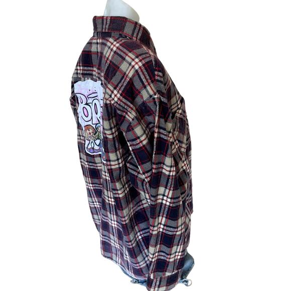 Bratz Plaid Flannel Shirt LARGE Oversized Upcycle Unique Grunge Y2K Shacket - Picture 3 of 6